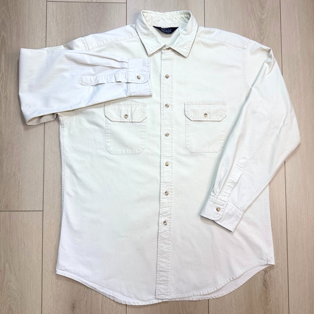 Y2K Woolrich Shirt Mens Large Beige Cotton Button Up Workwear Outdoor Casual